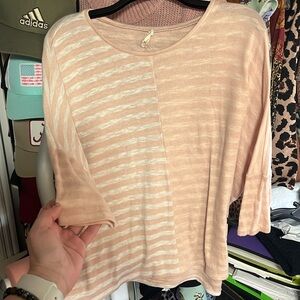 HEM THREAD ALTAR'D STATE Pink White Stripe 3/4 Dolman Sleeve Oversized Blouse